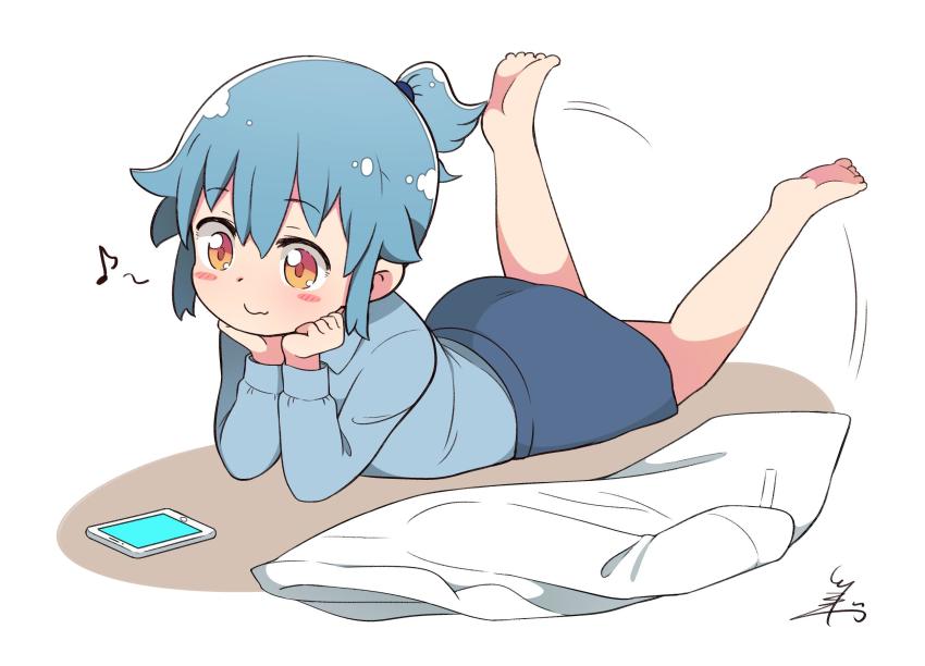 1girl barefoot blue_hair blue_shirt blue_skirt blush cellphone commentary_request feet_up female_focus head_rest highres humming lab_coat long_sleeves lying on_stomach orange_eyes pencil_skirt personification phone ponytail revision shirt short_ponytail sidelocks signature skirt smartphone solo tsukigi twitter twitter-san_(character) twitter-san_(tsukigi)