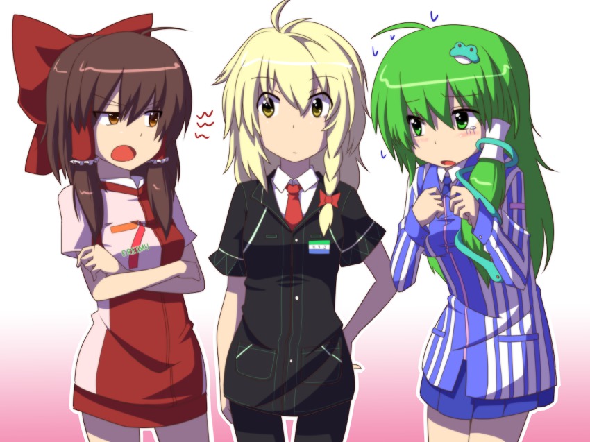 3girls 7-eleven angry blonde_hair bow brown_eyes brown_hair clerk clothes_writing contemporary employee_uniform familymart female_focus green_hair hair_bow hakurei_reimu kirisame_marisa kochiya_sanae lawson leon_(mikiri_hassha) multiple_girls nervous pantyhose revision tears touhou yellow_eyes