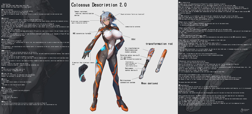 1girl absurdres blue_hair bodysuit breasts character_profile colossus_(natsukaze_shigure) covered_erect_nipples covered_navel english_text full_body giant giantess gloves hair_ornament hand_on_own_hip headgear high_heels highres impossible_bodysuit impossible_clothes large_breasts looking_at_viewer magical_girl natsukaze_shigure original science_fiction short_hair skin_tight solo standing white_bodysuit