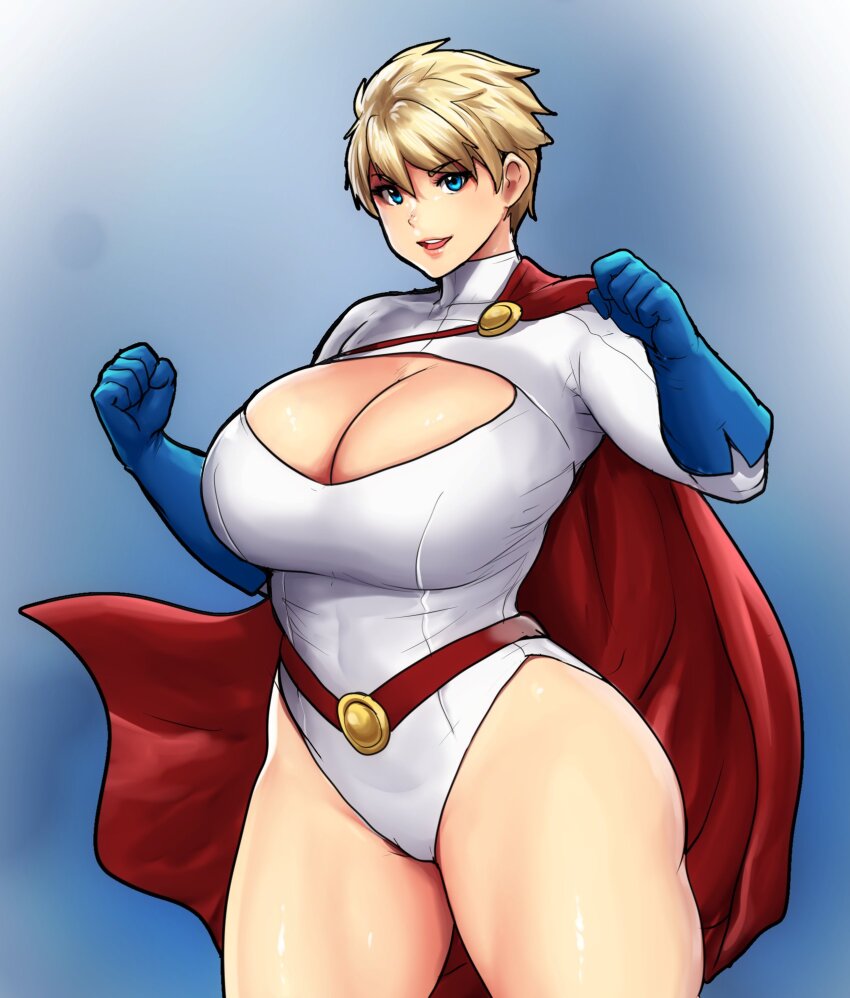 1girl alternate_hair_length alternate_hairstyle blonde_hair blue_eyes blue_gloves breasts cape cleavage cleavage_cutout clothing_cutout covered_navel dc_comics erkaz gloves gradient_background hands_up highleg highleg_leotard highres huge_breasts leotard looking_at_viewer parted_lips power_girl red_cape short_hair sleeved_leotard smile solo superman_(series) white_leotard