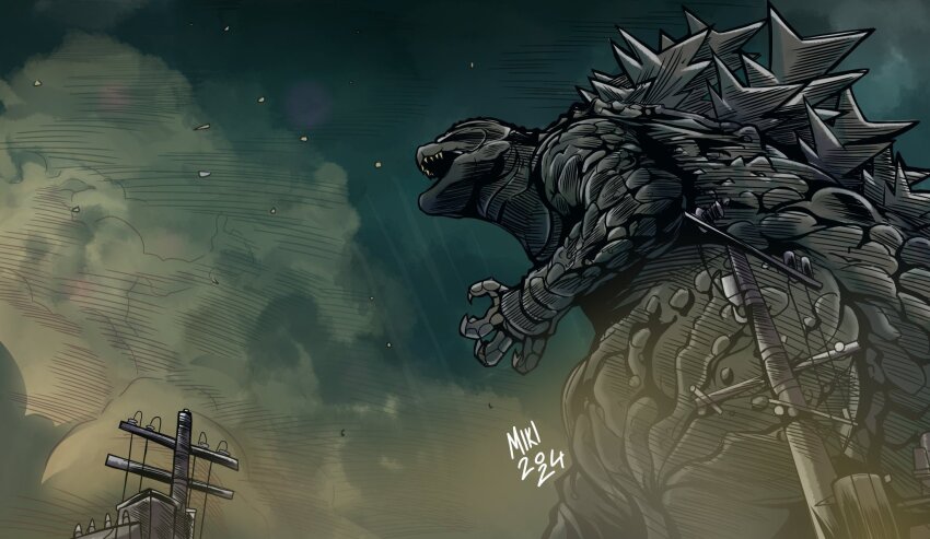 claws day destruction dinosaur explosion from_behind from_below giant giant_monster godzilla godzilla_(series) godzilla_minus_one highres kaiju monster mushroom_cloud no_humans nuclear_explosion open_mouth power_lines ratboy_miki roaring sea_monster sharp_teeth smoke spikes teeth toho transformer
