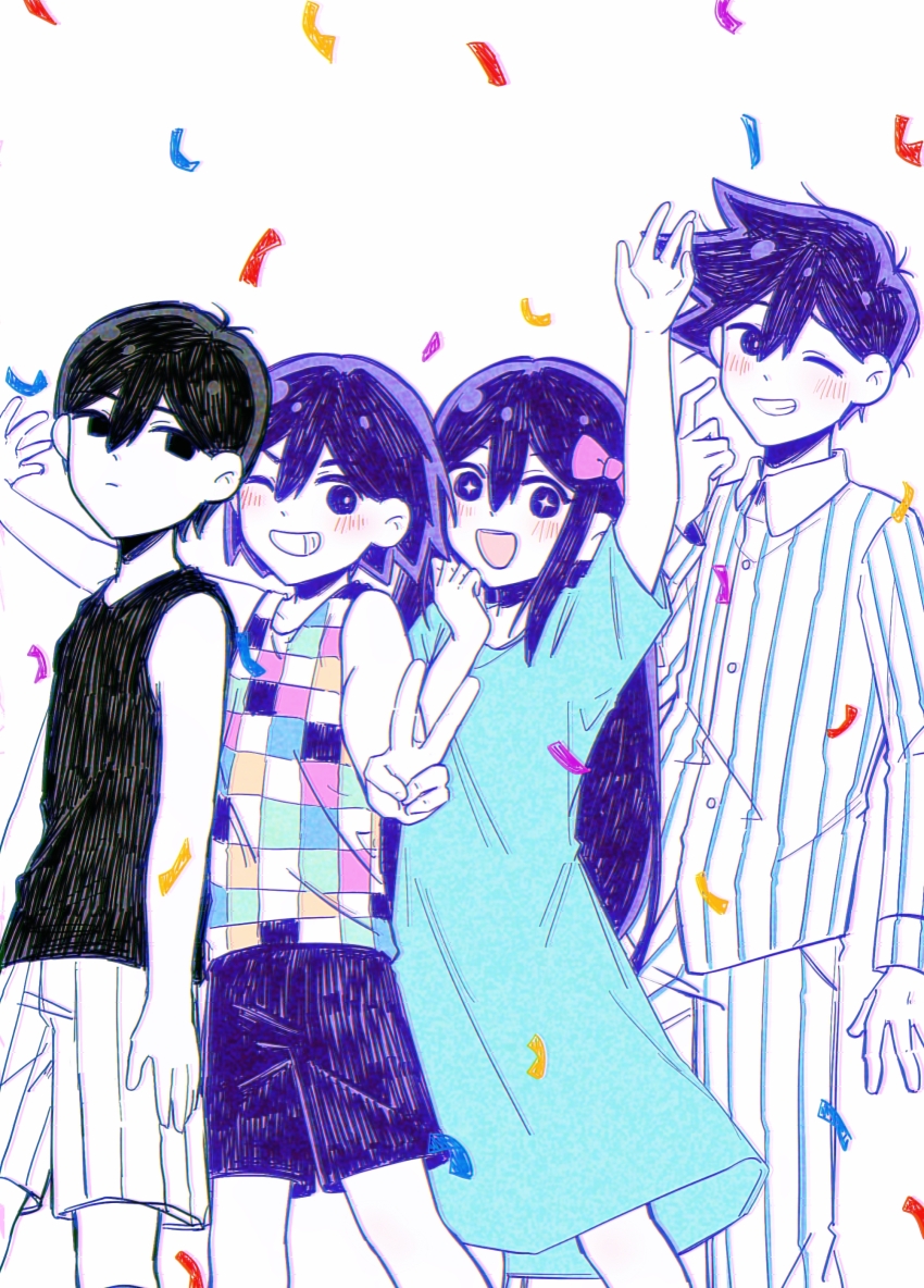 +_+ 1girl 3boys :d ;d absurdres antenna_hair arm_at_side arm_up arms_at_sides aubrey_(headspace)_(omori) aubrey_(omori) bailan1130 bare_arms bare_shoulders behind_another black_eyes black_hair black_tank_top blue_dress blue_pants blue_shirt blush brothers buttons checkered_clothes chinese_commentary chromatic_aberration collared_shirt colored_skin commentary_request confetti double-parted_bangs dress empty_eyes expressionless eyebrows_hidden_by_hair feet_out_of_frame foreshortening grin hair_behind_ear hair_between_eyes hand_on_own_chin hand_up hatching_(texture) hero_(headspace)_(omori) hero_(omori) highres kel_(headspace)_(omori) kel_(omori) long_hair long_sleeves looking_at_viewer medium_dress multiple_boys no_pupils omori omori_(omori) one_eye_closed open_mouth outstretched_arm pants purple_eyes purple_hair purple_shorts shirt short_hair short_sleeves shorts siblings simple_background slit_pupils smile standing striped_clothes striped_pants striped_shirt striped_shorts tank_top two-tone_pants two-tone_shirt v v-shaped_eyebrows vertical-striped_clothes vertical-striped_pants vertical-striped_shirt vertical-striped_shorts very_long_hair very_short_hair white_background white_pants white_shirt white_shorts white_skin
