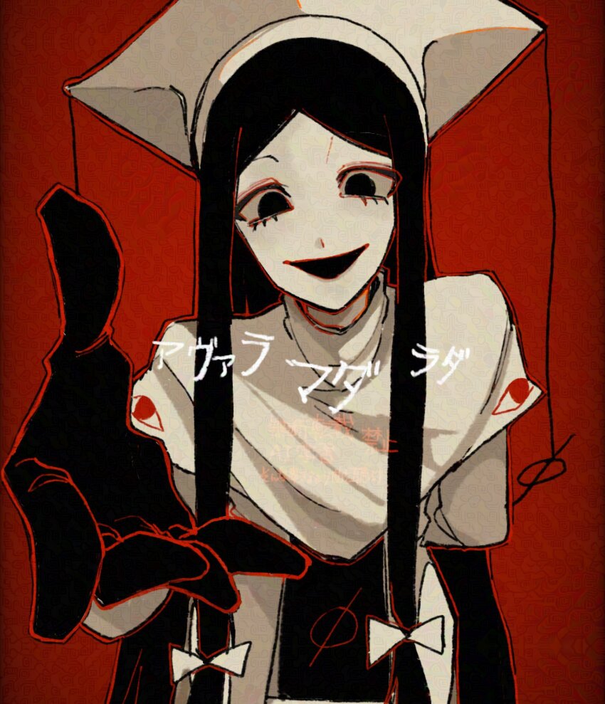 1girl age_toufu arm_at_side black_eyes black_hair black_mouth bow colored_lineart downturned_eyes film_grain hair_bow hand_up hi_club_(vocaloid) highres limited_palette long_hair looking_at_viewer looking_down lower_eyelashes_only mada_(hi_club) middle_part open_mouth reaching reaching_towards_another red_background short_sleeves sidelocks solo straight-on triangular_headpiece turtleneck upper_body very_long_hair vignetting