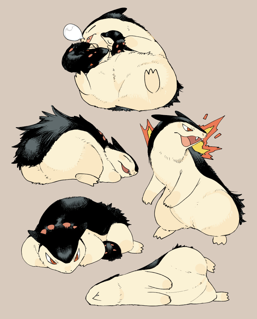 absurdres badger badger_ears badger_tail cuddling cyndaquil fire fluff fluffy gen_2_pokemon highres lying multiple_expressions newo_(shinra-p) nintendo no_humans on_ground on_side pokemon pokemon_(creature) quilava simple_background sleeping sleepy typhlosion