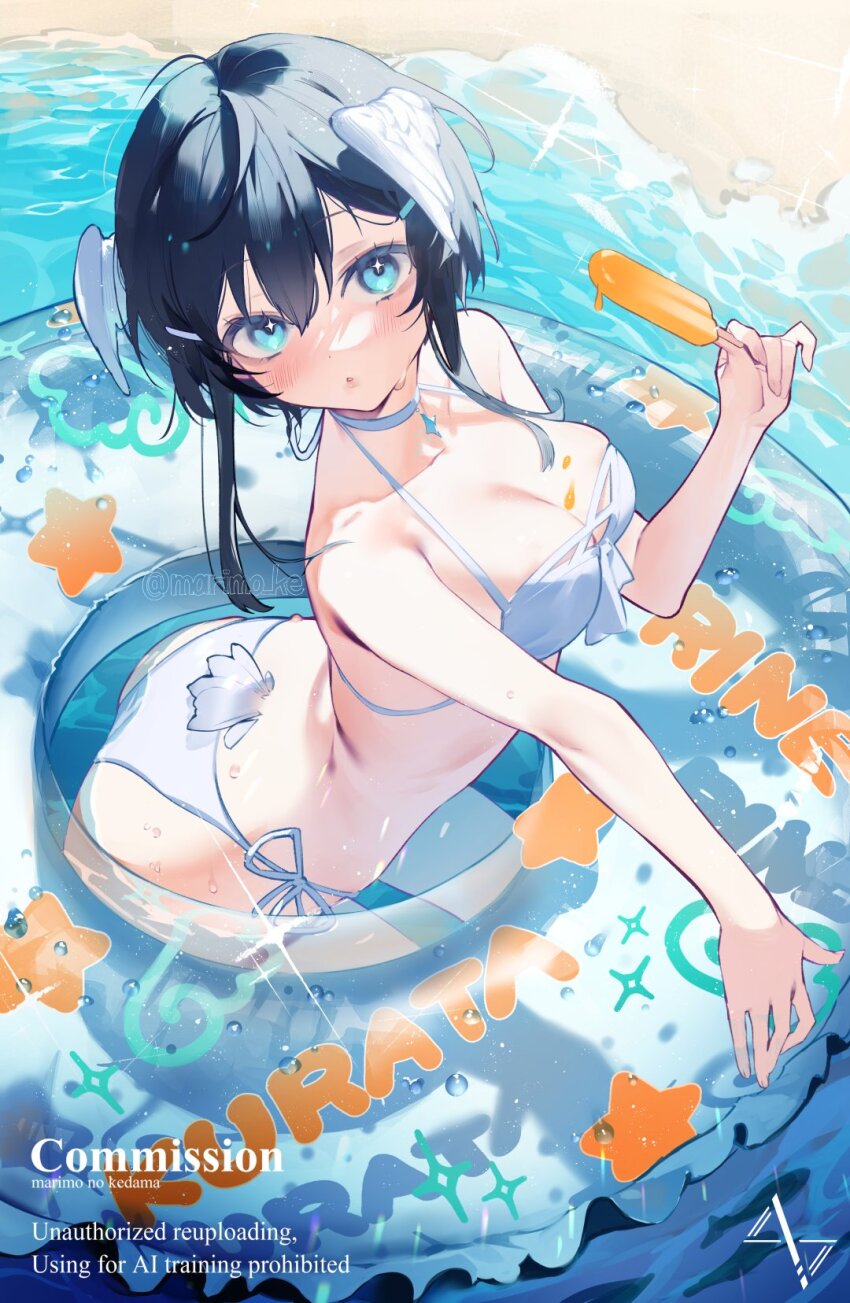1girl aqua_eyes beach bikini bikini_ribbon bird_tail black_hair blush breasts commentary_request feathered_wings food from_above from_side hand_up head_wings highres holding holding_food holding_popsicle holding_swim_ring in_water indie_virtual_youtuber innertube kurata_rine_(vtuber) large_breasts looking_at_viewer marimo_ke medium_hair ocean outdoors parted_lips partial_commentary popsicle solo swim_ring swimsuit tail watermark wings