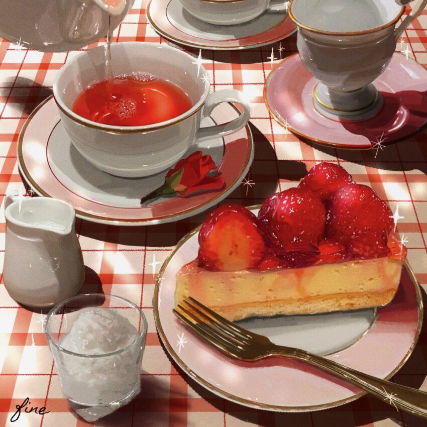 artist_name creamer_(vessel) cup drink drinking_glass fine_9725 flower food food_focus fork fruit_tart no_humans original pie pie_slice plate pouring red_flower saucer still_life strawberry_tart granulated_sugar tablecloth tart_(food) tea teacup teapot