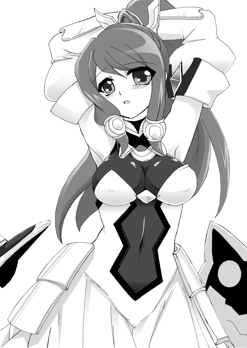 1girl absurdres armpits arms_behind_head blazblue blazblue:_chronophantasma blush breasts covered_navel highres large_breasts long_hair monochrome open_mouth ponytail solo tsubaki_yayoi