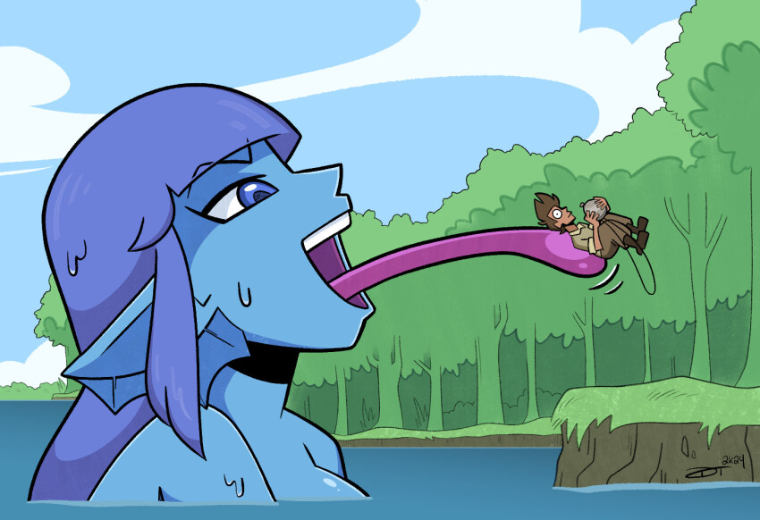 anko_(felarya) blue_hair branch ears felarya gizgizmgimo hime_cut mermaid monster_girl neck ranger_(felarya) tongue tongue_out tree water