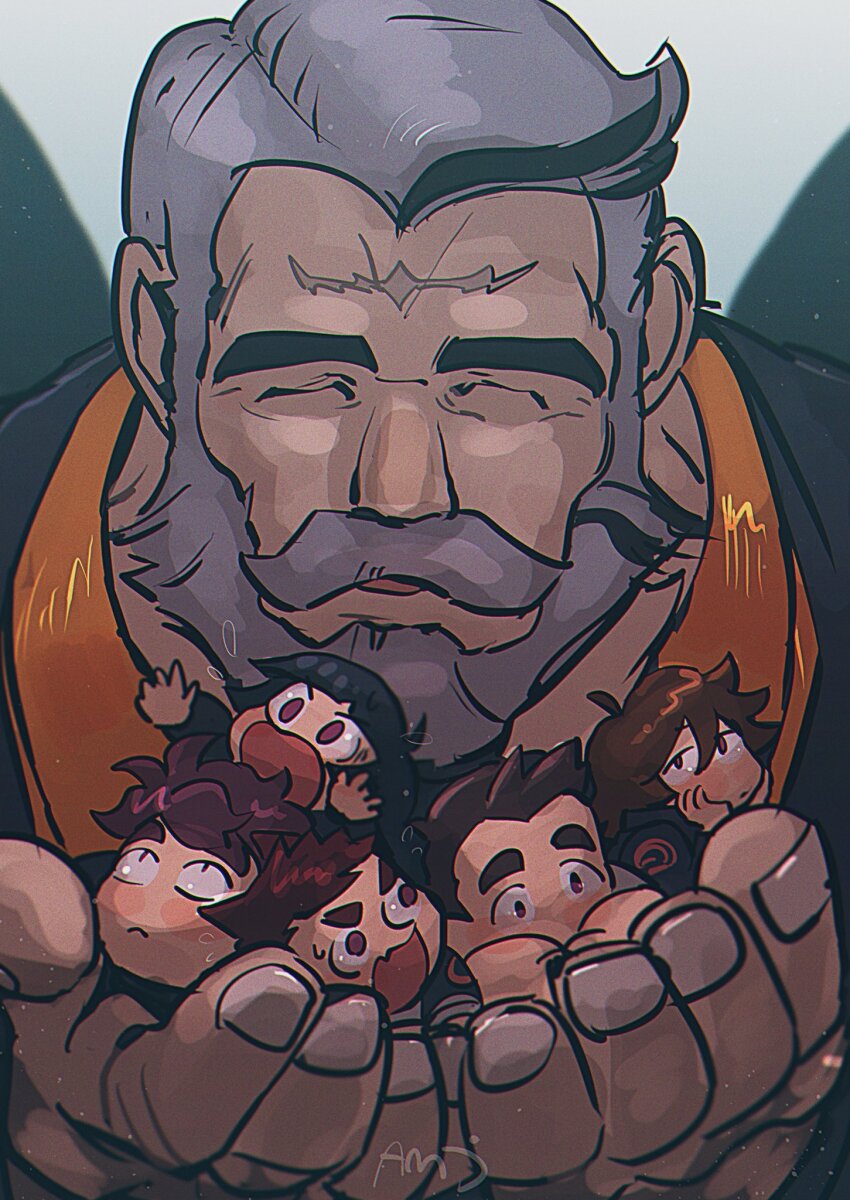 1girl 5boys amu_(omoro3bot) bara beard black_hair black_jacket chibi closed_eyes commentary_request cupping_hands facial_hair facial_mark flying_sweatdrops forehead_mark full_beard grey_hair highres jacket mature_male multicolored_hair multiple_boys mustache open_mouth orange_shirt own_hands_together protagonist_1_(housamo) protagonist_2_(housamo) protagonist_3_(housamo) protagonist_4_(housamo) protagonist_5_(housamo) raven_arthur_(housamo) shirt short_hair signature smile streaked_beard streaked_hair sweatdrop thick_eyebrows tokyo_houkago_summoners upper_body wings