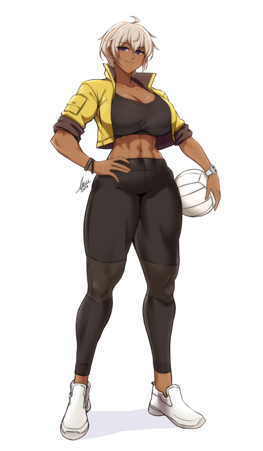 1girl abs absurdres ahoge airisubaka artist_name ball black_pants blonde_hair breasts collarbone commentary cropped_jacket dark-skinned_female dark_skin full_body hair_between_eyes hand_on_own_hip highres holding holding_ball jacket large_breasts leona_(airisubaka) looking_at_viewer midriff muscular muscular_female navel open_clothes open_jacket original pants purple_eyes shoes short_hair signature simple_background smile solo standing symbol-only_commentary volleyball_(object) watch white_background white_shoes wristband wristwatch yellow_jacket