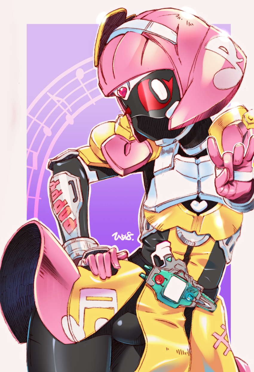 1girl black_bodysuit black_eyes bodysuit bodysuit_under_clothes bright_pupils choker colored_sclera dress gloves hairband hand_on_own_hip heart highres himehachi_(hime8manga) kamen_rider kamen_rider_ex-aid_(series) kamen_rider_poppy one_eye_closed pink_gloves pink_hair poppi_pipopapo red_sclera short_hair solo white_choker white_hairband white_pupils yellow_dress
