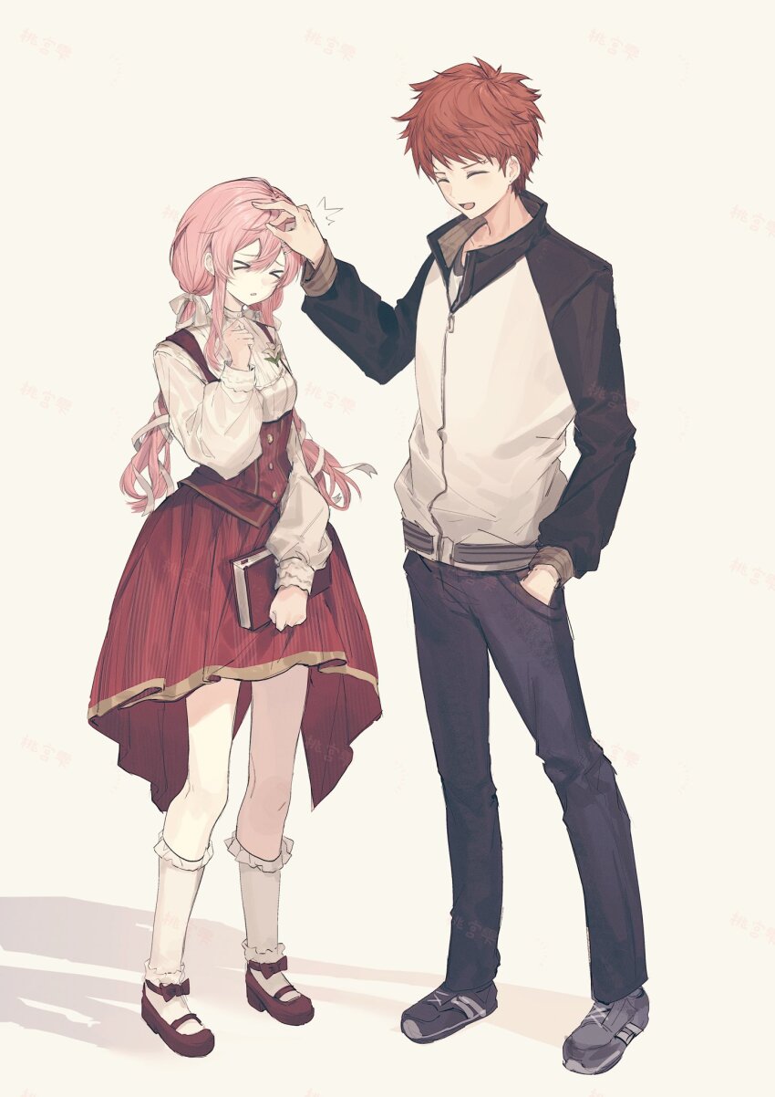 1girl arms_up black_jacket bow breasts couple cross cross_print emiya_shirou fate/stay_night fate_(series) highres jacket long_hair long_sleeves momomiya_shizuku_(gaoyue_jixiang) oc_x_canon open_clothes open_jacket open_mouth orange_hair original pants pastels pink_eyes pink_hair print_ribbon raglan_sleeves red_hair red_skirt ribbon shirt skirt smile thighhighs watermark weibo_watermark white_shirt
