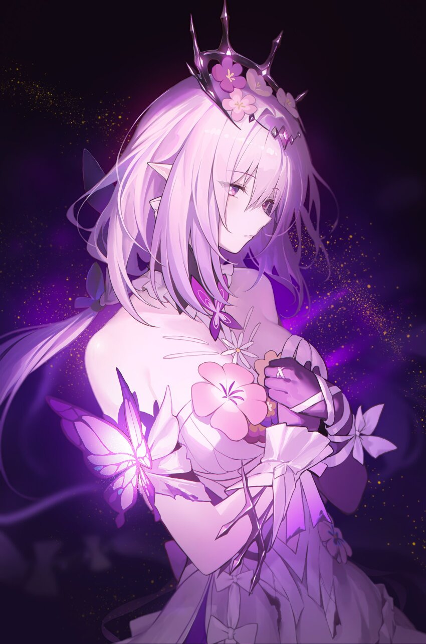 1girl asymmetrical_gloves black_tiara breasts bright_pupils bug butterfly butterfly_ornament castorice_(honkai:_star_rail) commentary dress elbow_gloves english_commentary flower flower_ornament gloves highres honkai:_star_rail honkai_(series) insect pointy_ears purple_background purple_butterfly purple_flower purple_gloves purple_hair single_elbow_glove solo tiara uneven_gloves white_dress white_pupils yohaku