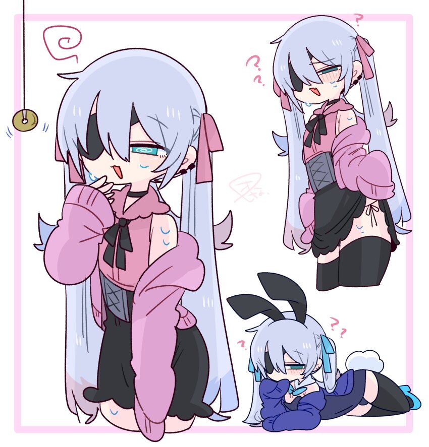 1boy ? @_@ animal_ear_hairband animal_ears armpit_crease bare_shoulders black_choker black_corset black_hairband black_leotard black_panties black_ribbon black_skirt black_thighhighs blue_bow blue_bowtie blue_eyes blue_hair blue_leotard blue_shoes blush bow bowtie bulge cardigan choker clothes_lift coin coin_on_string collarbone collared_shirt colored_tips commentary corset covered_mouth covered_navel cowboy_shot crossdressing crossdressing_(mtf) detached_collar double-parted_bangs earclip elbow_rest eyepatch fake_animal_ears fake_tail fang flipped_hair frilled_shirt_collar frills full_body hair_between_eyes hair_bow hairband hand_to_own_mouth hand_up high_heels highres hypnosis leotard lifting_own_clothes light_blush long_hair long_sleeves lying male_focus male_playboy_bunny mind_control miniskirt multicolored_hair multiple_views narrowed_eyes neck_ribbon no_nose off_shoulder on_side one_eye_covered op_na_yarou open_cardigan open_clothes open_mouth original panties panty_peek panty_straps pink_bow pink_shirt playboy_bunny quad_tails rabbit_ear_hairband rabbit_ears rabbit_tail raised_eyebrows raised_inner_eyebrows red_hair ribbon rigel_(op_na_yarou) shirt shoes side-tie_panties sidelocks simple_background skin_fang skirt sleeveless sleeveless_shirt sleeves_past_fingers sleeves_past_wrists squiggle standing straight_hair strapless strapless_leotard sweat tail thighhighs thighs trap underwear very_long_hair watermark white_background white_hair