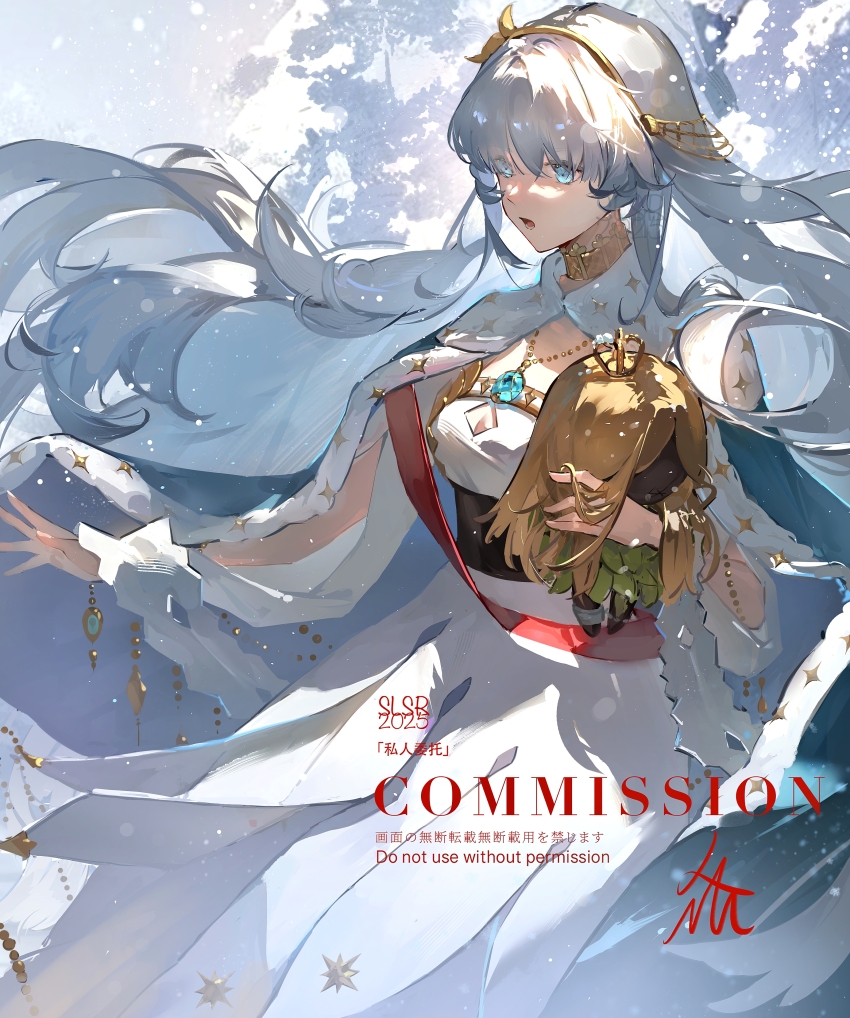 1girl absurdres anastasia_(fate) blue_eyes blush breasts cloak coat collarbone crown doll dress fate/grand_order fate_(series) grey_hair hair_between_eyes hair_over_one_eye hairband highres holding holding_doll jewelry long_hair mini_crown open_mouth pendant royal_robe shanlin_suren skirt snow snowing solo standing very_long_hair white_hair winter winter_clothes winter_coat