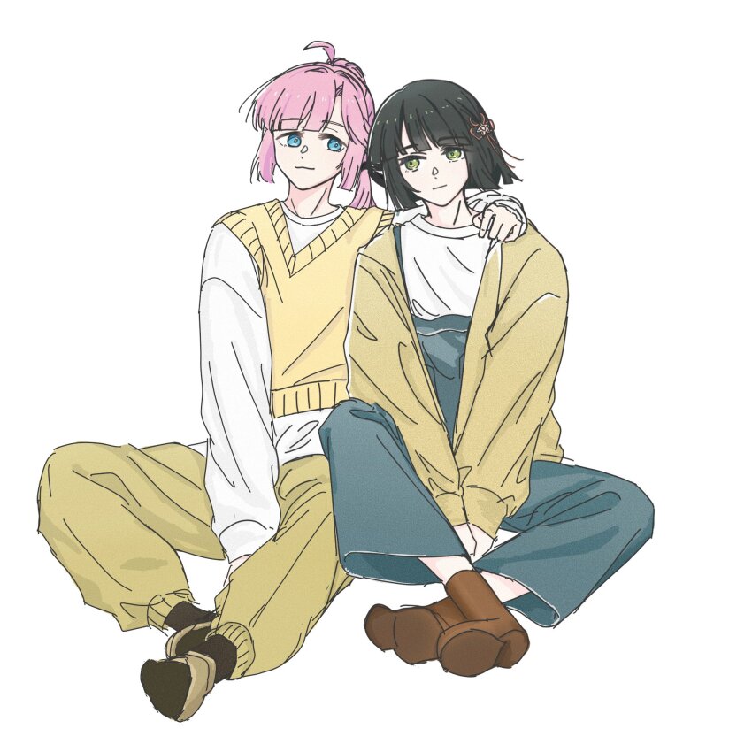 2girls :3 ahoge anyoji_hime arm_around_neck between_legs black_hair blue_eyes blue_pants blunt_bangs blunt_ends brown_pants cardigan closed_mouth flower flower_knot full_body green_eyes hair_flower hair_intakes hair_ornament hand_between_legs highres link!_like!_love_live! looking_at_another looking_to_the_side love_live! momose_ginko multi-tied_hair multiple_girls open_cardigan open_clothes pants pink_hair ponytail rai_(kn51ll) shirt short_hair sidelocks sideways_glance simple_background sitting smile suspenders sweater_vest swept_bangs t-shirt v-neck virtual_youtuber white_background white_shirt yellow_cardigan yellow_sweater_vest