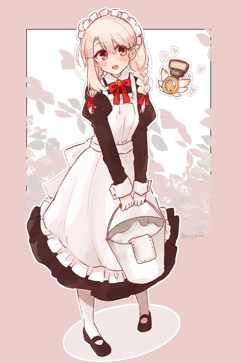 1girl alternate_costume alternate_hairstyle apron black_dress black_footwear blush bow braid bucket commentary_request dress enmaided fate/kaleid_liner_prisma_illya fate_(series) full_body hair_ribbon heart highres holding holding_bucket illyasviel_von_einzbern juliet_sleeves long_sleeves magical_ruby maid maid_apron maid_headdress mary_janes open_mouth puffy_sleeves red_bow red_ribbon ribbon saihara shoes simple_background twin_braids twitter_username water white_apron