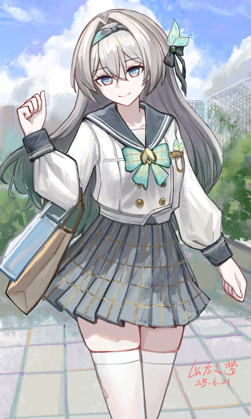 1girl absurdres black_hairband bow checkered_bow checkered_clothes checkered_skirt closed_mouth firefly_(honkai:_star_rail) firefly_(spring_missive)_(honkai:_star_rail) grey_hair hair_between_eyes hair_ornament hairband highres honkai:_star_rail honkai_(series) long_hair long_sleeves looking_at_viewer official_alternate_costume pink_eyes school_uniform skirt solo thighhighs white_thighhighs yitai_zhi_meng zettai_ryouiki