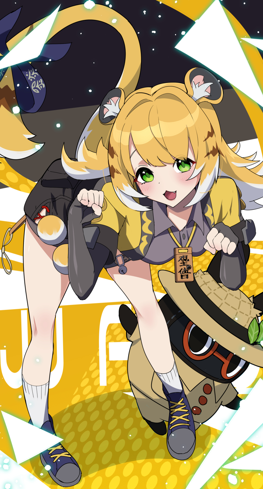 1girl absurdres bangboo_(zenless_zone_zero) black_shirt black_shoes black_shorts blonde_hair collared_shirt cropped_jacket exploreboo_(zenless_zone_zero) green_eyes highres jacket ju_fufu long_hair looking_at_viewer multicolored_hair paw_pose shirt shoes shorts smile solo tail tiger_girl tiger_tail two-tone_hair white_hair yamada_otonari yellow_jacket zenless_zone_zero