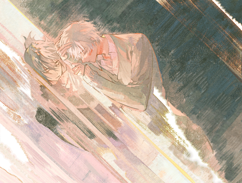 2boys black_hair closed_eyes closed_mouth collared_shirt dutch_angle from_outside grey_hair hair_between_eyes hand_on_another&#039;s_head highres jacket long_sleeves lying male_focus multiple_boys nezumi_(no.6) no.6 on_side reflection shion_(no.6) shirt short_hair sideways smile upper_body water white_hair white_shirt window yaoi yinzinmiemie
