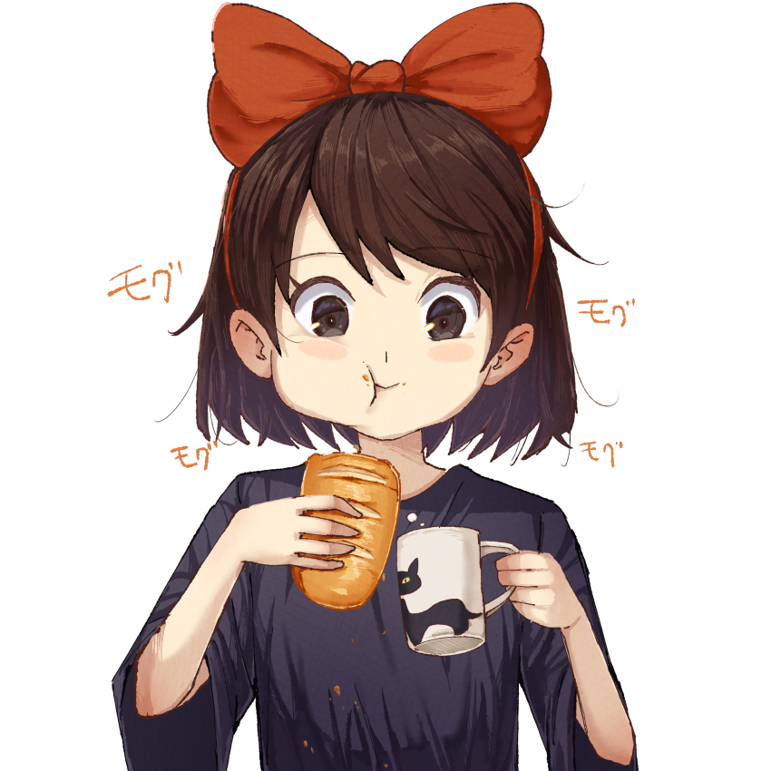 1girl black_eyes blue_shirt bow bread brown_hair chewing commentary_request food hair_bow highres holding holding_food kaneko_ryou kiki_(majo_no_takkyuubin) majo_no_takkyuubin red_bow shirt short_hair simple_background solo standing translation_request upper_body white_background