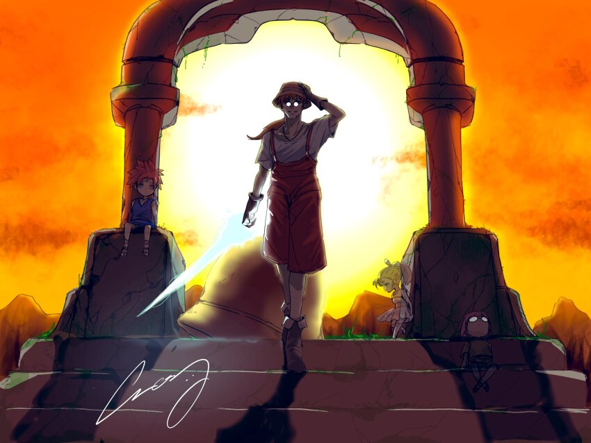 2boys 2girls aged_down arch backlighting bell blonde_hair blue_tunic boots brown_boots brown_overalls child chrono_cross crazy02oekaki crono_(chrono_trigger) crossed_ankles full_body ghost glasses hat headband highres holding holding_unworn_clothes holding_unworn_hat long_hair lucca_ashtear marle_(chrono_trigger) miguel_(chrono_cross) multiple_boys multiple_girls outdoors overalls parted_lips ponytail purple_hair red_eyes round_eyewear shirt short_hair signature sitting skirt smile spiked_hair stairs strapless transparent tube_top tunic unworn_hat unworn_headwear walking white_headband white_shirt white_skirt
