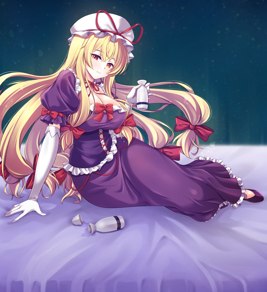 1girl arm_support blonde_hair bow breasts choker cleavage commentary_request corset dress elbow_gloves frilled_corset frilled_dress frills gloves hair_bow hat hat_ribbon high_heels highres holding large_breasts long_dress long_hair mob_cap multiple_hair_bows murasaki_atsushi on_bed purple_corset purple_dress purple_footwear red_bow red_ribbon ribbon ribbon_choker solo touhou very_long_hair white_gloves white_hat yakumo_yukari yellow_eyes