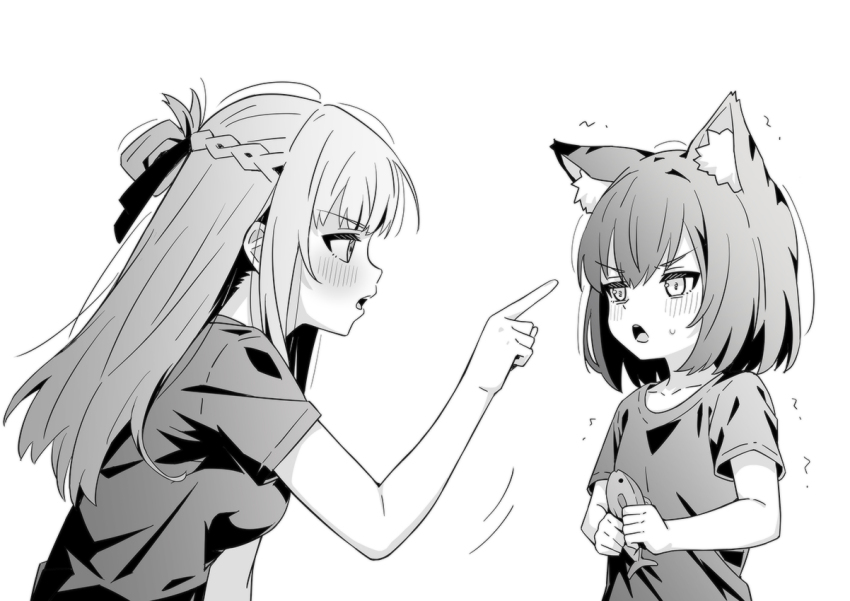 2girls aged_down animal_ear_fluff animal_ears blush braid cat_ears commentary french_braid greyscale holding holding_stuffed_toy long_hair lwmina70119 medium_hair miyagi_shiori monochrome multiple_girls open_mouth pointing pointing_at_another sendai_hazuki short_sleeves shuuniichido_classmate_wo_kau_hanashi stuffed_toy sweatdrop trembling upper_body