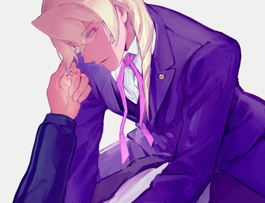 2boys ace_attorney apollo_justice:_ace_attorney blonde_hair blue_pants blue_suit collared_shirt dress_pants dress_shirt drill_hair formal_clothes from_side hair_between_eyes hand_in_another&#039;s_hair implied_yaoi jacket kristoph_gavin lapel_pin lapels long_hair long_sleeves male_focus multiple_boys neck_ribbon out_of_frame pants phoenix_wright pink_ribbon ribbon ringo_orihara semi-rimless_eyewear shirt side_drill simple_background solo_focus suit suit_jacket vest waistcoat white_background