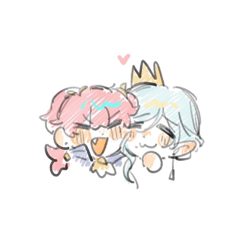 2girls :3 :d =_= blue_hair closed_eyes closed_mouth commentary_request cropped_shoulders crown earrings fang gold_crown heart highres hinomori_shizuku jacket jewelry long_hair mole mole_under_eye momoi_airi multiple_girls open_mouth pink_hair project_sekai purple_jacket simple_background smile two_side_up v-shaped_eyebrows v-shaped_eyes white_background woodonly
