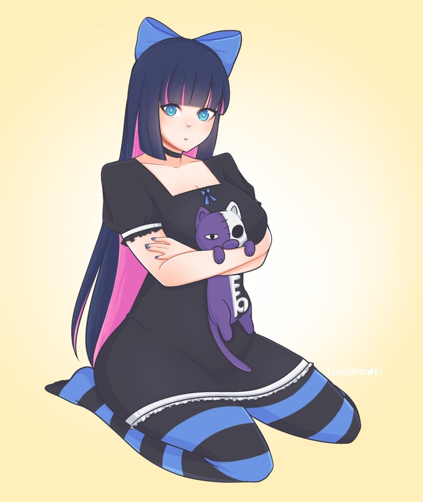 1girl artist_name commentary english_commentary highres honekoneko_(psg) lunarpix_(artist) panty_&amp;_stocking_with_garterbelt stocking_(psg) striped_clothes striped_thighhighs stuffed_animal stuffed_cat stuffed_toy thighhighs