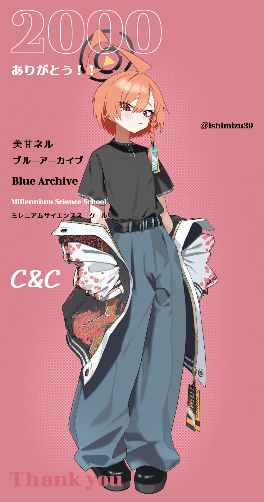 1girl absurdres ahoge alternate_costume baggy_pants belt black_boots black_shirt blue_archive blue_pants boots braid closed_mouth clothes_down commentary english_commentary full_body hair_between_eyes hands_in_pockets highres huge_ahoge jacket jjigong_chigon looking_at_viewer neru_(blue_archive) orange_hair pants pink_background raised_eyebrows red_eyes shirt shirt_tucked_in short_hair short_sleeves simple_background single_braid solo sukajan twitter_username white_jacket
