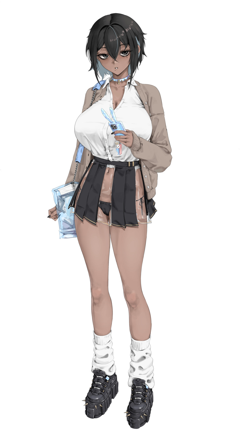 1girl absurdres bag black_eyes black_hair black_nails black_panties black_shoes blue_choker breasts brown_cardigan cardigan cellphone cellphone_charm cellphone_strap charm_(object) choker cleavage colored_inner_hair commentary dark-skinned_female dark_skin eyeshadow gyaru handbag highres holding holding_phone kogal ku_(kuchurage) large_breasts loose_socks makeup medium_hair mole mole_on_breast mole_under_eye mole_under_mouth multicolored_hair navel open_cardigan open_clothes original panties parted_lips phone platform_shoes pleated_skirt see-through_clothes see-through_skirt shirt shoes side-tie_panties skirt smartphone smartphone_case socks solo spiked_choker spikes streaked_hair tomboy underwear white_background white_shirt white_socks