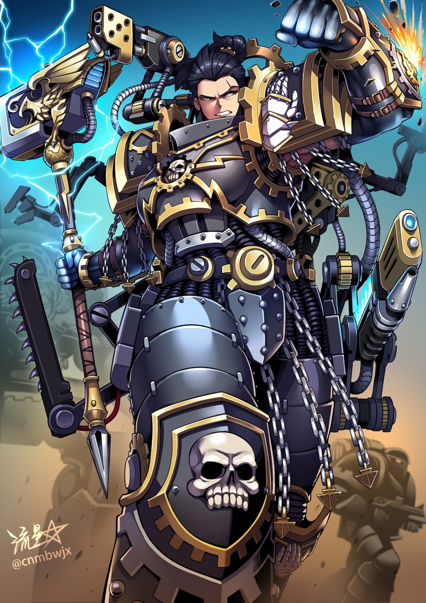1girl adeptus_astartes armor black_armor black_hair breastplate chain chainsword dreadnought_(warhammer_40k) ferrus_manus flamethrower forgebreaker gauntlets genderswap genderswap_(mtf) gold_trim greaves gun highres holding holding_weapon iron_hands_(warhammer) mechanical_arms muscular muscular_female open_mouth pauldrons ponytail power_armor primarch ryuusei_(mark_ii) scar scar_across_eye scar_on_face short_hair shoulder_armor signature skull solo teeth war_hammer warhammer_40k weapon