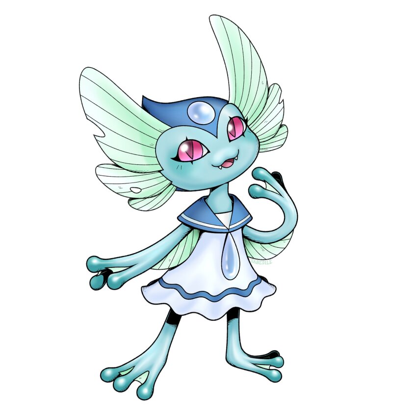 1girl digimon digimon_(creature) digimon_frontier fins frog frog_girl head_fins highres looking_at_viewer monster_girl oridigi original pink_eyes ranamon sabedile school_uniform smile solo thesabedile