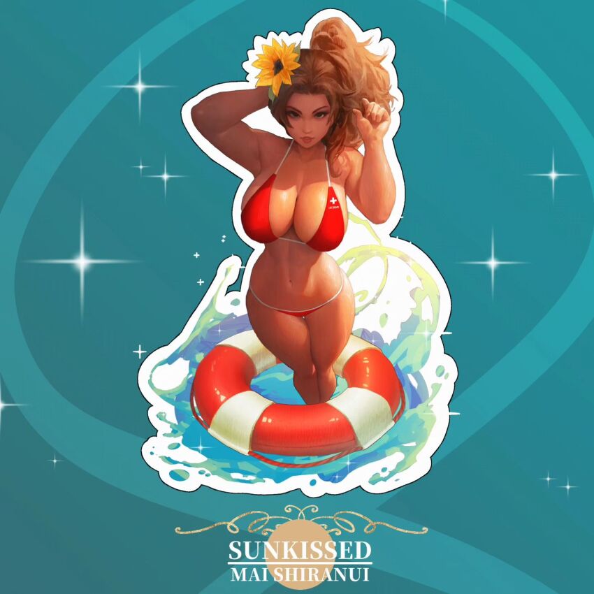 1girl arm_behind_head armpits arms_up artist_name bikini breasts brown_eyes brown_hair cleavage curvy fatal_fury fatal_fury:_city_of_the_wolves highres ickpot large_breasts legs long_hair looking_at_viewer navel oned parted_lips pink_lips ponytail red_bikini shiranui_mai smile snk solo swimsuit the_king_of_fighters thick_thighs thighs water wide_hips