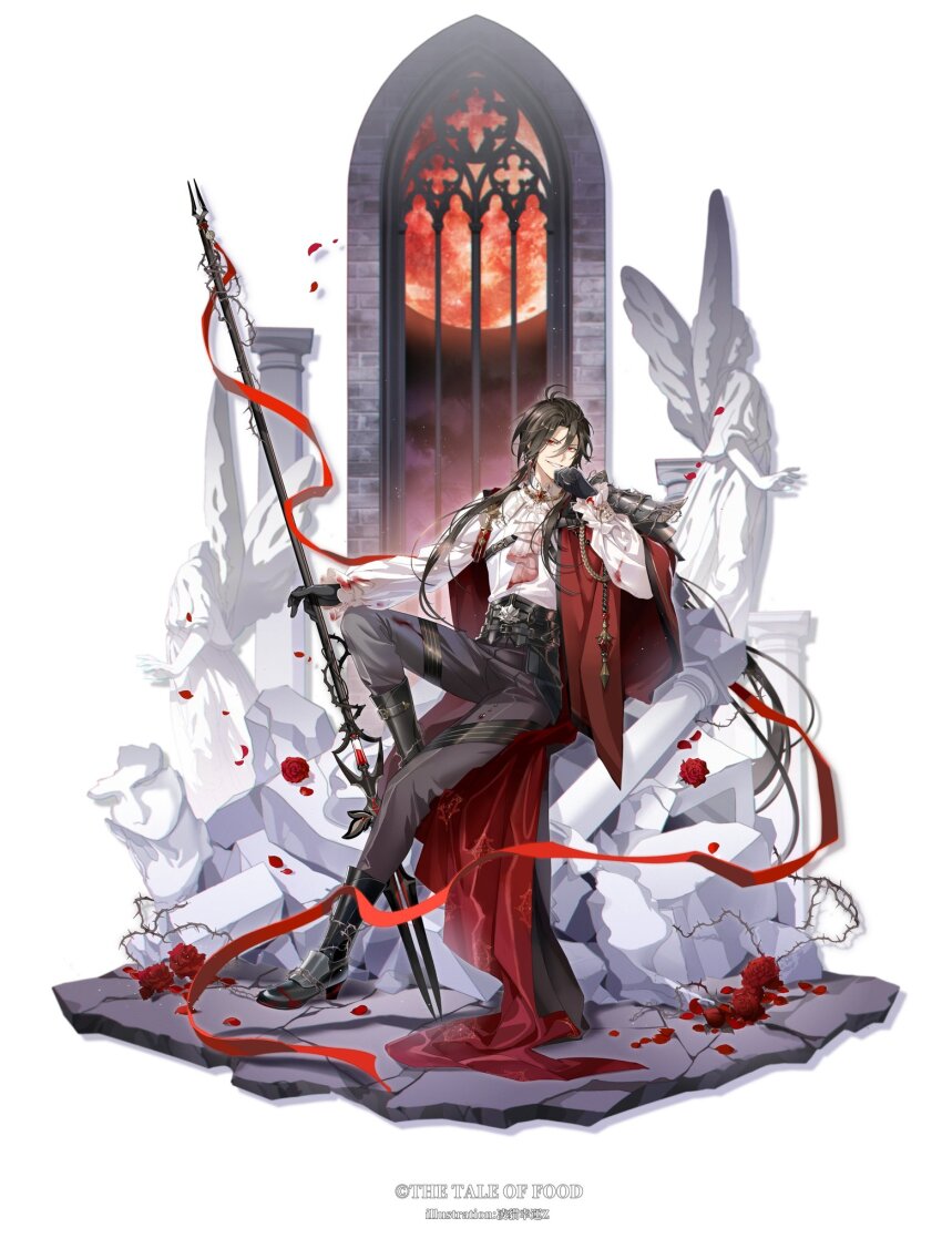 1boy aiguillette alternate_costume angel_statue armor artist_name ascot belt black_belt black_boots black_cape black_gloves black_hair black_pants blood blood_on_clothes boots broken_statue brooch cape copyright_name curtained_hair earrings falling_petals flower frilled_sleeves frills full_body full_moon gem gloves grin hair_between_eyes high_heel_boots high_heels highres holding holding_polearm holding_weapon jewelry knee_up lianhua_blood_duck_(the_tale_of_food) light_particles lingcat long_hair long_sleeves looking_at_viewer low_ponytail male_focus mandarin_collar medal moon night official_art pants patterned_clothing petals pillar polearm ponytail red_cape red_eyes red_flower red_gemstone red_moon red_rose rose rubble shirt shoulder_armor simple_background sitting smile solo spear statue the_tale_of_food thorns two-sided_cape two-sided_fabric v-shaped_eyebrows weapon white_ascot white_background white_shirt window