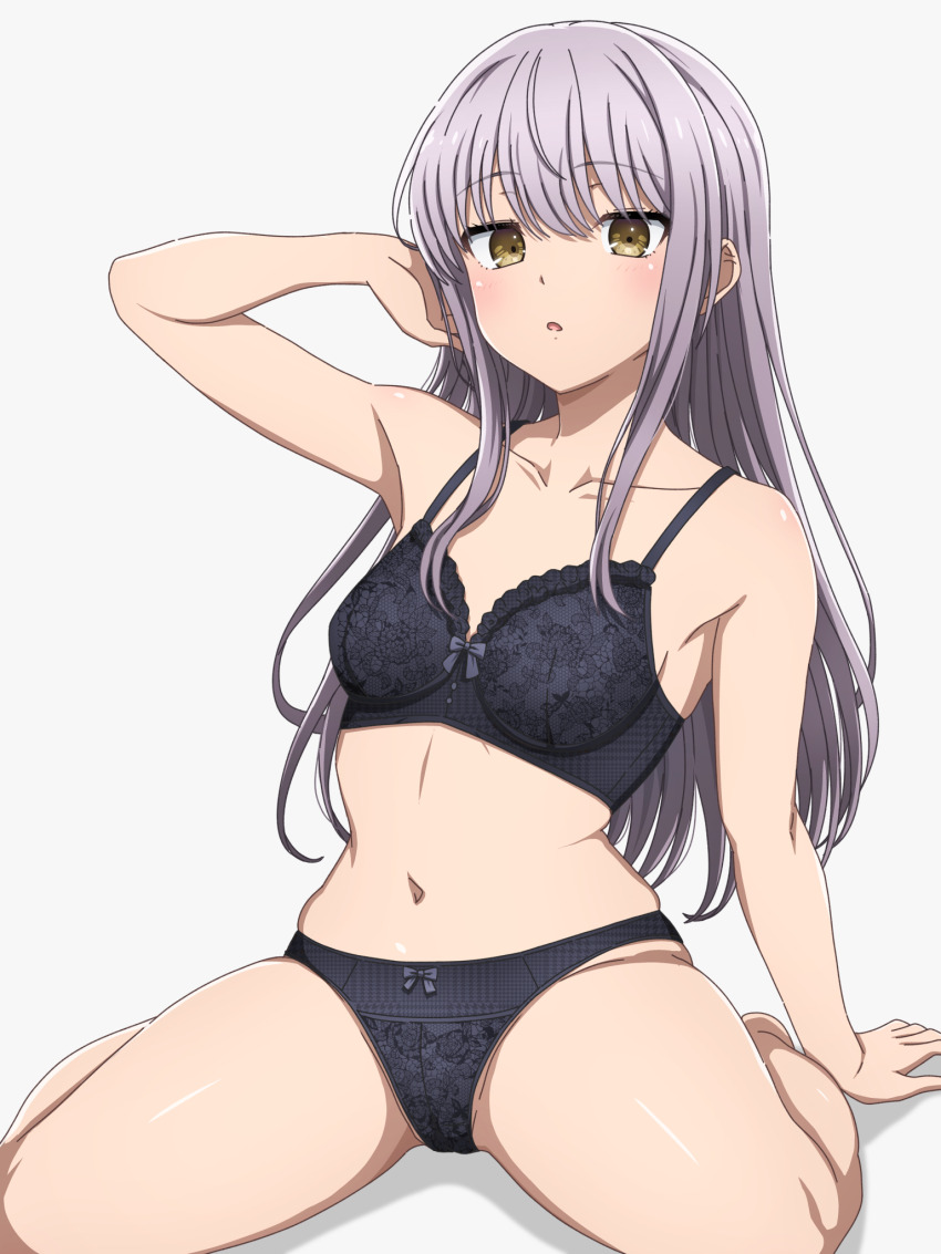 1girl bang_dream! bare_arms bare_legs bare_shoulders barefoot black_bow black_bra black_panties blush bow bow_bra bow_panties bra breasts collarbone commentary_request floral_print grey_background grey_hair hand_in_own_hair hand_up highres knees_out_of_frame long_hair looking_at_viewer minato_yukina navel noshimurin paid_reward_available panties parted_lips print_bra print_panties shadow sidelocks simple_background sitting small_breasts solo stomach underwear underwear_only wariza yellow_eyes