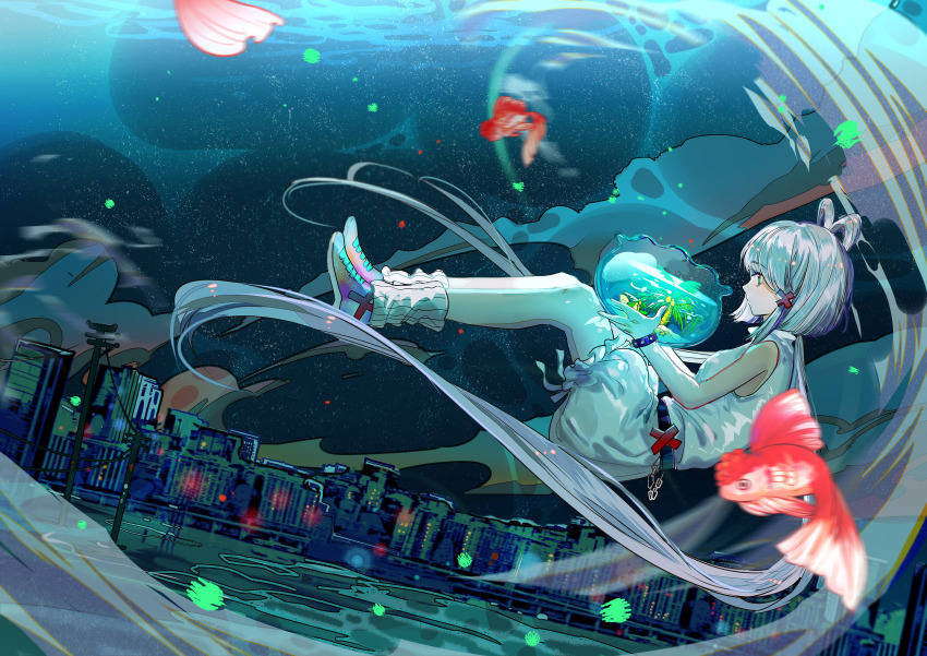 1girl absurdres bracelet commentary dress fish fishbowl from_side goldfish green_eyes grey_hair hair_rings highres holding island jamjar77 jewelry long_hair luo_tianyi motion_blur palm_tree shoes sneakers tree twintails underwater underwater_city very_long_hair vocaloid vsinger_(vocaloid) white_dress