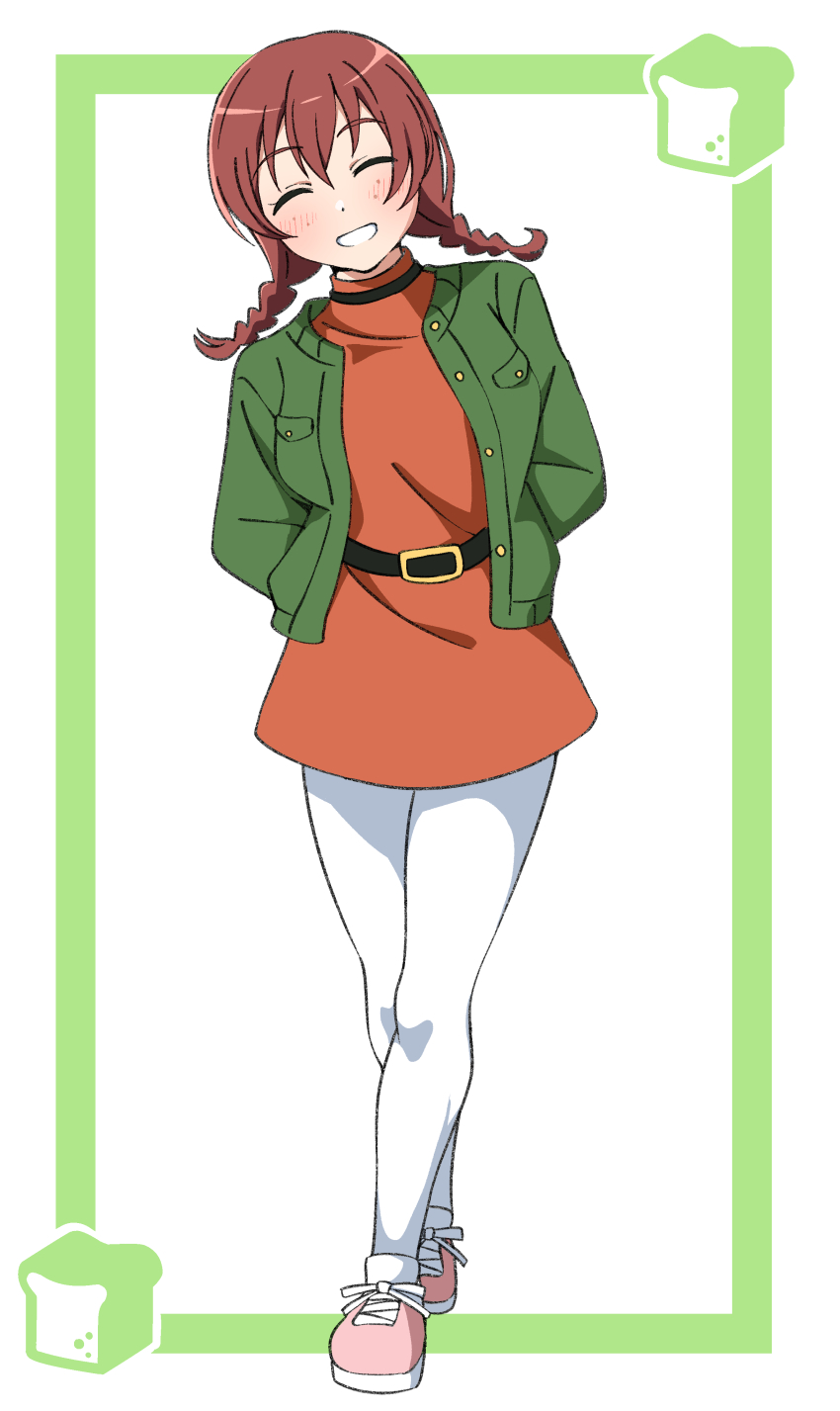 1girl :d ^_^ absurdres arms_behind_back braid bread breasts brown_hair casual character_logo closed_eyes commentary crossed_legs dress emma_verde facing_viewer food freckles full_body green_jacket grin highres jacket large_breasts long_hair love_live! love_live!_nijigasaki_high_school_idol_club love_live!_nijigasaki_high_school_idol_club_the_movie_-_finale low_twin_braids official_alternate_costume open_clothes open_jacket open_mouth orange_dress pantyhose pink_shoes shoes simple_background smile sneakers solo twin_braids uchuu_no_mozuku white_background white_pantyhose