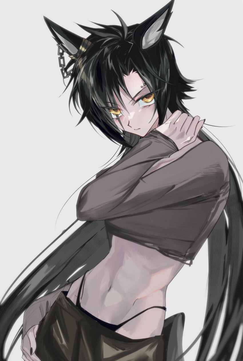 1girl abs absurdres air_shakur_(umamusume) animal_ears cropped_shirt ear_chain ear_ornament eyebrow_piercing face_piercing grey_shirt highres horse_ears horse_girl linked_piercing long_sleeves navel piercing shirt solo tomboy umamusume yuyu_ilst