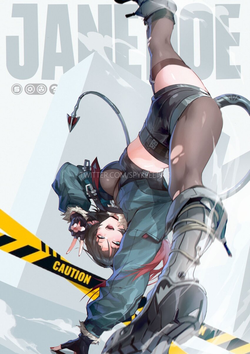 1girl animal_ear_piercing animal_ears aqua_eyes artist_name black_hair black_shorts boots breasts caution_tape character_name cleavage commentary crop_top fingerless_gloves fold-over_boots foot_out_of_frame fur-trimmed_jacket fur_trim gloves green_jacket grey_boots handstand hashtag-only_commentary high-waist_shorts high_heel_boots high_heels highres jacket jane_doe_(zenless_zone_zero) knee_boots large_breasts long_tail looking_at_viewer midriff mouse_ears mouse_girl necktie one_arm_handstand open_mouth pantyhose red_nails see-through_cleavage see-through_clothes sharp_tail short_shorts shorts single_leg_pantyhose single_thighhigh smile solo spread_legs spykeee symbol-only_commentary tail teeth thighhighs torn_clothes torn_pantyhose torn_thighhighs twitter_username two-tone_necktie upside-down watermark web_address zenless_zone_zero
