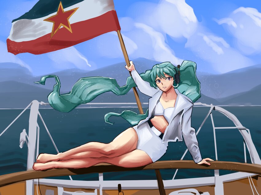 1girl absurdres andrejhriesik aqua_hair belt blue_eyes boat bra cloud commentary day english_commentary flag hatsune_miku headphones headset highres holding holding_flag horizon jacket long_hair looking_to_the_side lying mountainous_horizon on_boat on_side open_clothes open_jacket open_mouth outdoors pencil_skirt skirt sky solo twintails underwear very_long_hair vocaloid water watercraft white_bra white_jacket white_skirt worldwide_miku yugoslavia yugoslavian_flag
