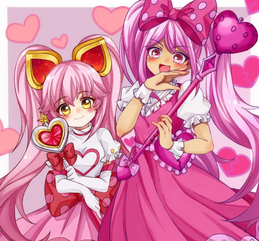 #compass 2girls :d belt blush border bow buttons chinese_commentary closed_mouth commentary_request crossover dress elbow_gloves frilled_sleeves frills gloves hair_between_eyes hair_bow hair_ornament hairstyle_connection heart heart_belt heart_hair_ornament heart_print highres holding holding_wand linglanjunying long_hair looking_at_viewer multiple_girls ojou-sama_pose omori open_mouth outside_border pink_background pink_belt pink_bow pink_dress pink_eyes pink_hair pink_skirt polka_dot polka_dot_bow puffy_short_sleeves puffy_sleeves red_bow ririka_(#compass) shirt short_sleeves simple_background skirt smile star_(symbol) sweetheart_(omori) turtleneck turtleneck_shirt twintails upper_body v-shaped_eyebrows wand white_border white_gloves white_shirt white_wrist_cuffs wrist_cuffs yellow_eyes