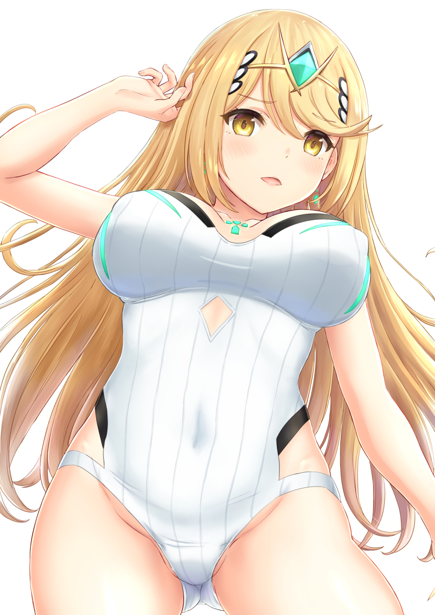 1girl blonde_hair breasts commentary_request core_crystal_(xenoblade) covered_erect_nipples covered_navel cowboy_shot from_below gluteal_fold hand_up highres inanaki_shiki large_breasts long_hair looking_at_viewer mythra_(radiant_beach)_(xenoblade) mythra_(xenoblade) one-piece_swimsuit open_mouth simple_background solo strapless strapless_one-piece_swimsuit swept_bangs swimsuit tiara white_background white_one-piece_swimsuit xenoblade_chronicles_(series) xenoblade_chronicles_2 yellow_eyes