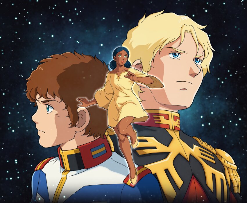 1980s_(style) 1girl 2boys absurdres amuro_ray bindi black_hair blonde_hair blue_eyes blue_jacket brown_hair char_aznable commentary dark-skinned_female dark_skin diegodoodles double_bun dress earth_federation english_commentary epaulettes from_side full_body green_eyes gundam hair_bun high_collar highres jacket lalah_sune long_sleeves male_focus military military_uniform mobile_suit_gundam multiple_boys oldschool open_mouth red_jacket retro_artstyle science_fiction shoes short_hair sky star_(sky) starry_sky upper_body yellow_dress yellow_shoes zeon