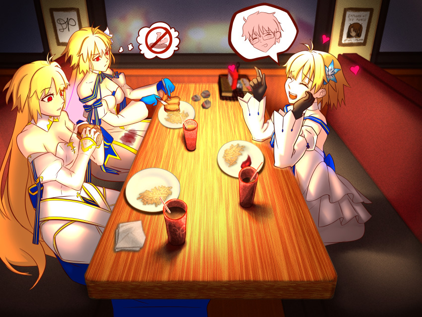 3girls absurdres ahoge antenna_hair archetype_earth archetype_earth_(third_ascension) arcueid_brunestud arcueid_brunestud_(mooncancer) bare_shoulders black_gloves blonde_hair blue_gloves booth_seating breasts burger cleavage dantonphanton detached_collar detached_sleeves dress fate/grand_order fate_(series) flower food fork french_fries gloves hair_flower hair_ornament heart highres holding holding_burger holding_food holding_fork holding_knife ketchup_bottle knife long_hair long_sleeves medium_breasts multiple_girls napkin napkin_holder open_mouth red_eyes restaurant rock short_hair skirt smile soda speech_bubble strapless strapless_dress table thought_bubble tohno_shiki tsukihime tsukihime_(remake) very_long_hair white_dress white_gloves yumizuka_satsuki