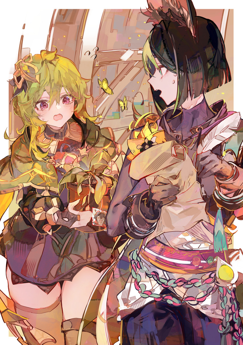 1girl absurdres animal_ear_fluff animal_ears brown_thighhighs cape capelet cocoballking collei_(genshin_impact) crossed_bangs fox_boy fox_ears fox_tail genshin_impact green_cape green_capelet green_hair hair_ornament highres long_hair purple_eyes tail tassel-trimmed_capelet thighhighs tighnari_(genshin_impact) vision_(genshin_impact)