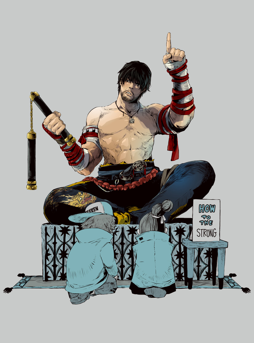 1boy 2others abs absurdres bandaged_hand bandages beard black_hair black_pants clenched_teeth facial_hair full_beard full_body grey_background highres holding holding_nunchaku holding_weapon jbstyle jewelry looking_at_another male_focus marshall_law multiple_others necklace non-web_source nunchaku official_art pants pointing pointing_up short_hair sitting solo teeth tekken tekken_8 topless_male weapon