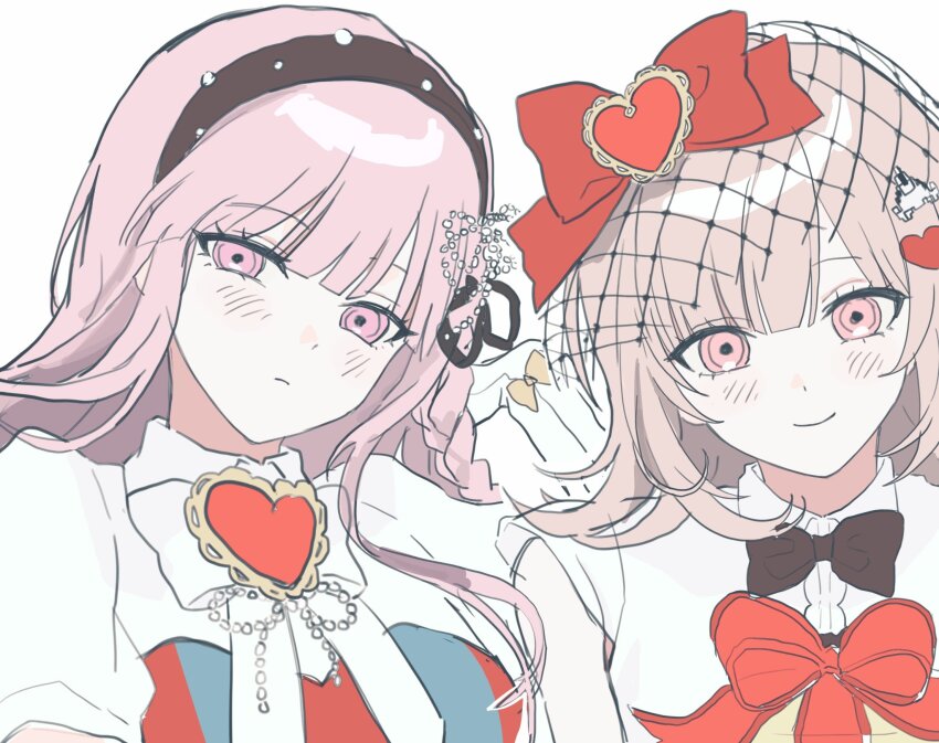 2girls black_bow black_bowtie black_hairband black_ribbon blush bow bowtie braid danganronpa:_trigger_happy_havoc danganronpa_(series) danganronpa_2:_goodbye_despair frown hair_bow hair_ornament hair_ribbon hairband heart heart_hair_ornament highres kirigiri_kyoko multiple_girls nanami_chiaki nekor0id nyapitalism pink_eyes red_bow ribbon shirt short_sleeves side_braid simple_background smile upper_body white_shirt